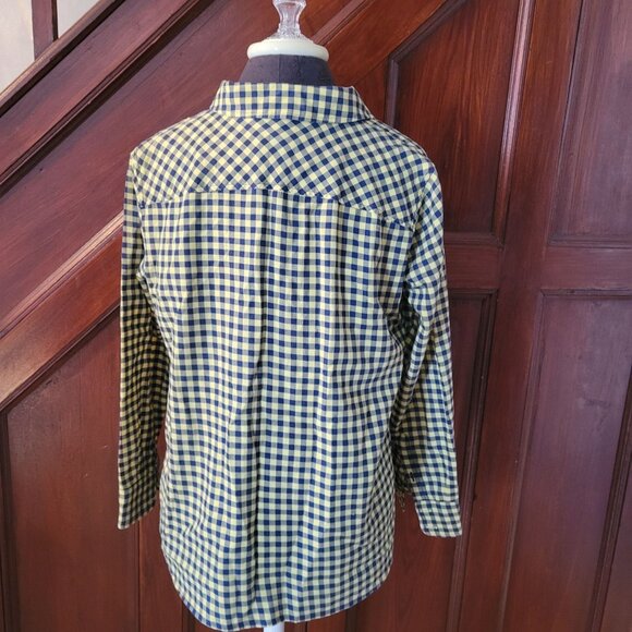 Talbots Womens Petites Checkered Button-Up Shirt Yellow/Blue Plaid Xp Cotton - Picture 2 of 4